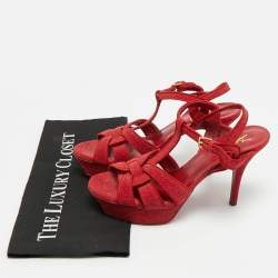 مملوكة مسبقًا صندل سان لوران باريس نعل سمي تريبوت جلد نقش ثعبان أسود/ أحمر مقاس 38 