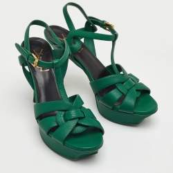 مملوكة مسبقًا صندل سان لوران تريبيوت جلد أخضر داكن نعل سميك مقاس 38