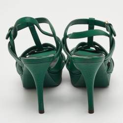 مملوكة مسبقًا صندل سان لوران تريبيوت جلد أخضر داكن نعل سميك مقاس 38