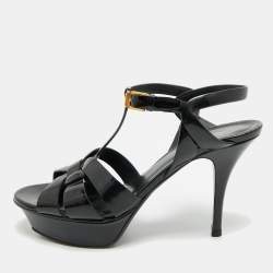 Pre Owned Saint Laurent Tribute Size 38.5 Black Patent Leather Ankle Strap Sandals