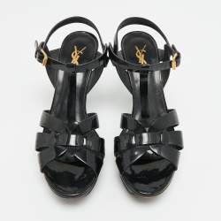 مملوكة مسبقًا Saint Laurent Tribute Size 38.5 Black Patent Leather Ankle Strap Sandals