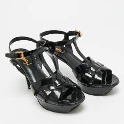 مملوكة مسبقًا Saint Laurent Tribute Size 38.5 Black Patent Leather Ankle Strap Sandals