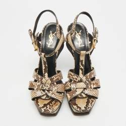 Pre Owned Saint Laurent Tribute Size 39 Dark Brown/Beige Python Leather Ankle Strap Sandals