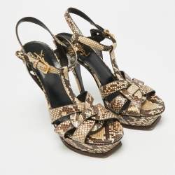 Pre Owned Saint Laurent Tribute Size 39 Dark Brown/Beige Python Leather Ankle Strap Sandals