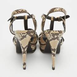 Pre Owned Saint Laurent Tribute Size 39 Dark Brown/Beige Python Leather Ankle Strap Sandals
