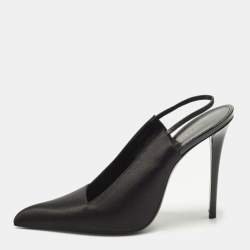 Pre Owned حذاء كعب عالي سان لوران باريس رافين ساتان أسود ورباط خلفي مقاس 39