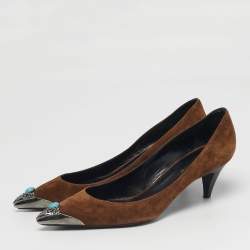 Pre Owned حذاء كعب عالي سان لوران باريس سويدي بني فاتح مقدمة مدببة مقاس 39