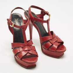 Pre Owned Saint Laurent Tribute Size 39 Red Leather Ankle Strap Sandals