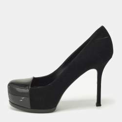 Pre Owned Saint Laurent Tribtoo Size 38 Black Patent Leather and Suede Platform Pumps