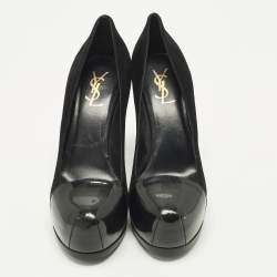 Pre Owned Saint Laurent Tribtoo Size 38 Black Patent Leather and Suede Platform Pumps