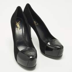 Pre Owned Saint Laurent Tribtoo Size 38 Black Patent Leather and Suede Platform Pumps