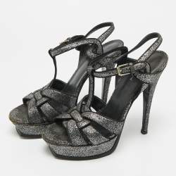 Pre Owned Saint Laurent  Tribute Size 39 Black/Silver Glitter Suede Platform Sandals