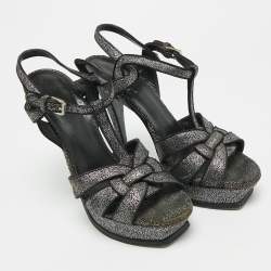 Pre Owned Saint Laurent  Tribute Size 39 Black/Silver Glitter Suede Platform Sandals