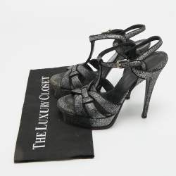 Pre Owned Saint Laurent  Tribute Size 39 Black/Silver Glitter Suede Platform Sandals