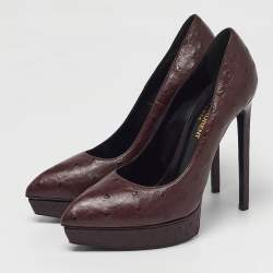 Pre Owned Saint Laurent Tribtoo Size 38 Brown Ostrich Leather Platform Pumps
