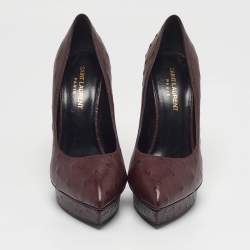 Pre Owned Saint Laurent Tribtoo Size 38 Brown Ostrich Leather Platform Pumps