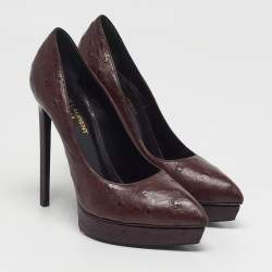 Pre Owned Saint Laurent Tribtoo Size 38 Brown Ostrich Leather Platform Pumps