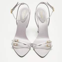 Pre Owned صندل سان لوران lila110 رمادي ساتان بحزام للكاحل مقاس 39.5