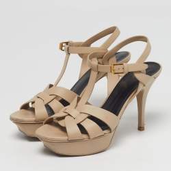 Pre Owned Saint Laurent Tribute Size 37 Beige Leather Platform Sandals