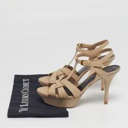Pre Owned Saint Laurent Tribute Size 37 Beige Leather Platform Sandals