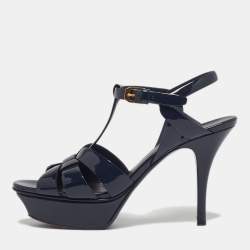 مملوك ة مسبقًا Saint Laurent Tribute Size 37 Navy Blue Patent Leather Ankle Strap Sandals