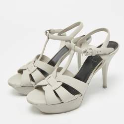 Pre Owned صندل سان لوران باريس نعل سميك تريبيوت جلد منقوش كريمي مقاس 36