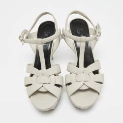 Pre Owned صندل سان لوران باريس نعل سميك تريبيوت جلد منقوش كريمي مقاس 36