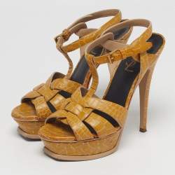 Pre Owned Saint Laurent Tribute Size 37 Yellow/Brown Croc Embossed Leather Platform Sandals