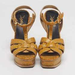 Pre Owned Saint Laurent Tribute Size 37 Yellow/Brown Croc Embossed Leather Platform Sandals