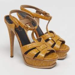 Pre Owned Saint Laurent Tribute Size 37 Yellow/Brown Croc Embossed Leather Platform Sandals