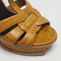 Pre Owned Saint Laurent Tribute Size 37 Yellow/Brown Croc Embossed Leather Platform Sandals