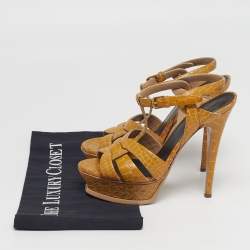Pre Owned Saint Laurent Tribute Size 37 Yellow/Brown Croc Embossed Leather Platform Sandals