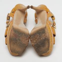 Pre Owned Saint Laurent Tribute Size 37 Yellow/Brown Croc Embossed Leather Platform Sandals