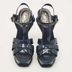 Pre Owned صندل سان لوران منصة جلد أسود لامع مقاس 39