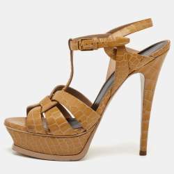 Pre Owned Saint Laurent Tribute Size 38 Beige Croc Embossed Leather Platform Sandals