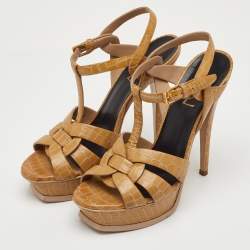 Pre Owned صندل سان لوران نعال سميك تريبيوت جلد مزخرف بيج مقاس 38