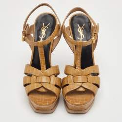 Pre Owned صندل سان لوران نعال سميك تريبيوت جلد مزخرف بيج مقاس 38