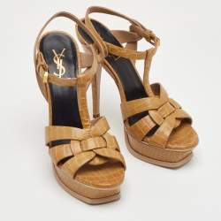 Pre Owned صندل سان لوران نعال سميك تريبيوت جلد مزخرف بيج مقاس 38