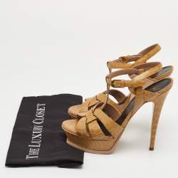 Pre Owned صندل سان لوران نعال سميك تريبيوت جلد مزخرف بيج مقاس 38