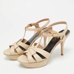 Pre Owned Saint Laurent Paris Tribute Size 38.5 Beige Croc Embossed Leather Ankle Strap Sandals