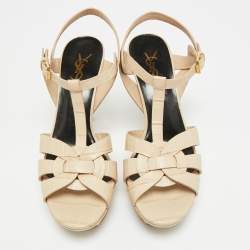 Pre Owned Saint Laurent Paris Tribute Size 38.5 Beige Croc Embossed Leather Ankle Strap Sandals
