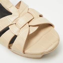 Pre Owned Saint Laurent Paris Tribute Size 38.5 Beige Croc Embossed Leather Ankle Strap Sandals