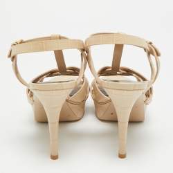 Pre Owned Saint Laurent Paris Tribute Size 38.5 Beige Croc Embossed Leather Ankle Strap Sandals