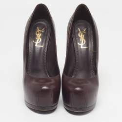 Pre Owned صندل سان لوران باريس تريبتو بفتحة كعب جلد لامع أسود مقاس 37