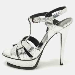Pre Owned Saint Laurent Tribute Size 39 Silver Lizard Embossed Leather Ankle Strap Sandals