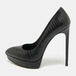 Pre Owned Saint Laurent Tribtoo Size 39.5 Black Lizard Embossed Leather Platform Pumps