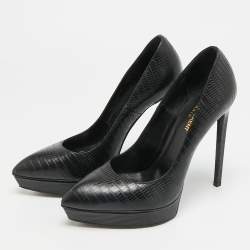 Pre Owned Saint Laurent Tribtoo Size 39.5 Black Lizard Embossed Leather Platform Pumps
