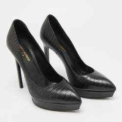Pre Owned Saint Laurent Tribtoo Size 39.5 Black Lizard Embossed Leather Platform Pumps