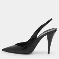 Pre Owned حذاء كعب عالي سان لوران جلد لامع أسود برباط للكاحل مقاس 37