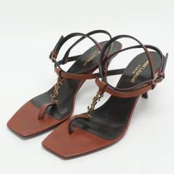 Pre Owned Saint Laurent Cassandra Size 38.5 Brown Leather Ankle Strap Sandals